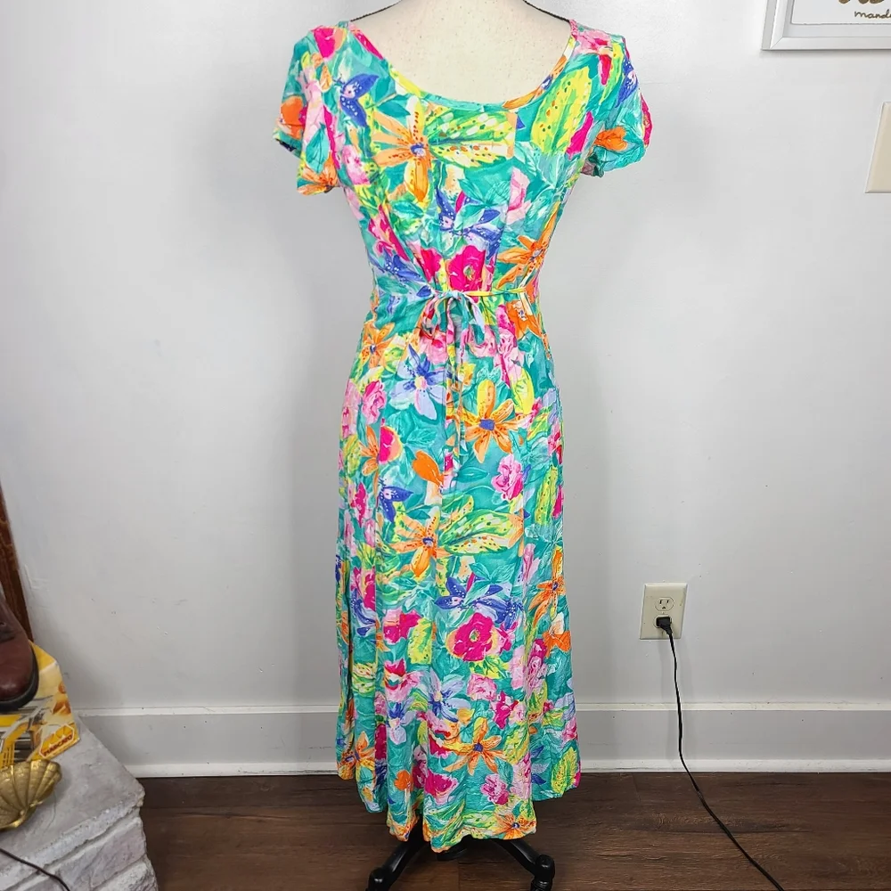 Vtg 80's/90's Jams World Bright Floral Tropical Print Back Tie Sash Midi Dress S - Picture 4 of 14